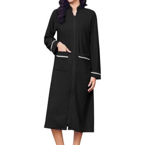 Ekouaer Women’s Zipper Robes Long Sleeve Loungewear Knee Length Housecoat Fleece Bathrobe with Pockets S-XXL(Black)