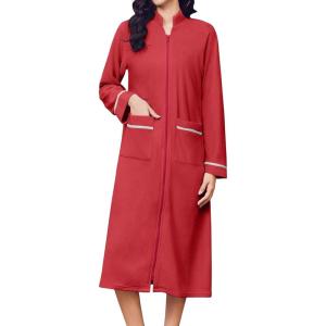 Ekouaer Women’s Zipper Robes Long Sleeve Loungewear Knee Length Housecoat Fleece Bathrobe with Pockets S-XXL(Dark Red)