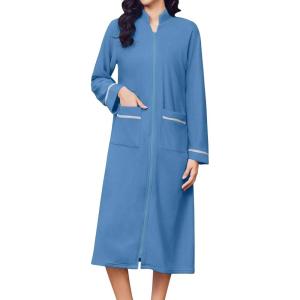 Ekouaer Women’s Zipper Robes Long Sleeve Loungewear Knee Length Housecoat Fleece Bathrobe with Pockets S-XXL(Grey Blue)