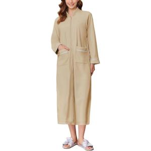 Ekouaer Women’s Zipper Robes Long Sleeve Loungewear Knee Length Housecoat Fleece Bathrobe with Pockets S-XXL(Khaki)