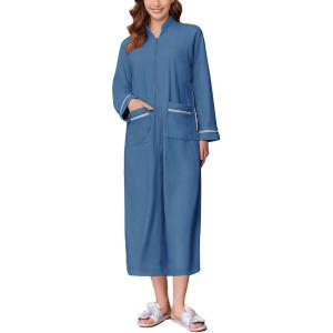 Ekouaer Women’s Zipper Robes Long Sleeve Loungewear Knee Length Housecoat Fleece Bathrobe with Pockets S-XXL(Navy Blue)