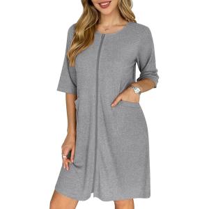 Ekouaer Zip Up Robes for Women Short Waffle Bathrobe Lightweight house coat 3/4 Sleeve Soft Nightgown with Pockets S-3XL(Light Grey)