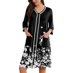 Ekouaer Zipper Robes for Women 3/4 Sleeves Lightweight House Coat Zip Up Bathrobe Soft Nightgown with Pockets S-3XL(Black White Floral)