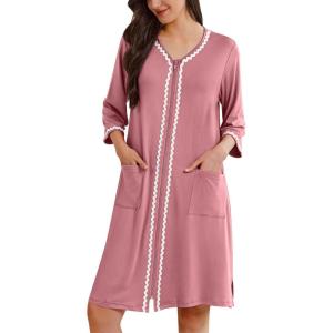 Ekouaer Zipper Robes for Women 3/4 Sleeves Lightweight House Coat Zip Up Bathrobe Soft Nightgown with Pockets S-3XL(Gray Purple)