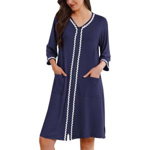 Ekouaer Zipper Robes for Women 3/4 Sleeves Lightweight House Coat Zip Up Bathrobe Soft Nightgown with Pockets S-3XL(Navy Blue)