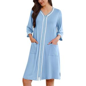 Ekouaer Zipper Robes for Women 3/4 Sleeves Lightweight House Coat Zip Up Bathrobe Soft Nightgown with Pockets S-3XL(Pale Blue)
