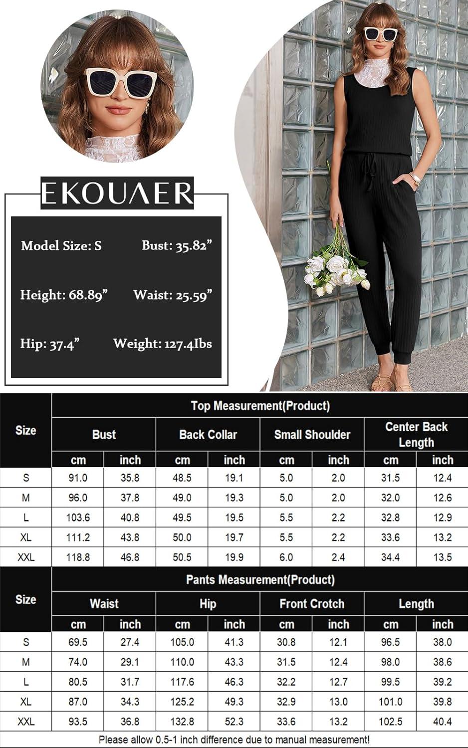 imageEkouaer Jumpsuits for Women Casual Summer Sleeveless Ribbed One Piece Romper Beach Vacation Clothes Outfits with PocketsBlack