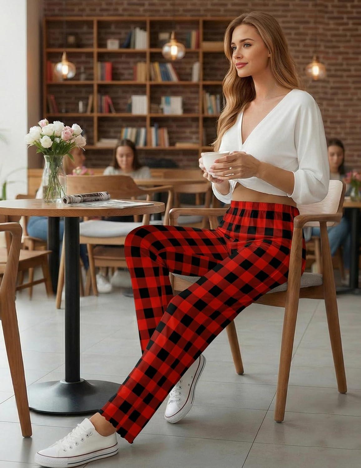 imageEkouaer Pajama Pants Women Soft Casual Lounge Pajama Bottoms Comfy Stretch Sleep Pants Wide Leg Pj Bottoms with PocketsBlack Red Plaid