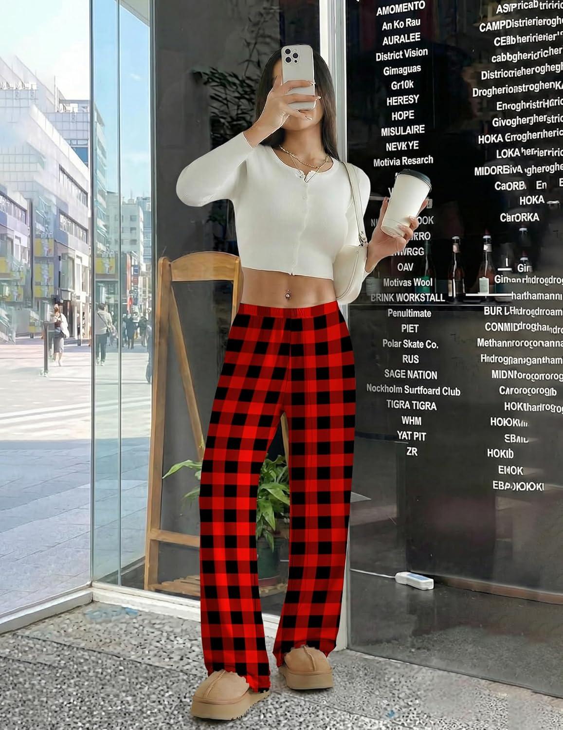 imageEkouaer Pajama Pants Women Soft Casual Lounge Pajama Bottoms Comfy Stretch Sleep Pants Wide Leg Pj Bottoms with PocketsBlack Red Plaid