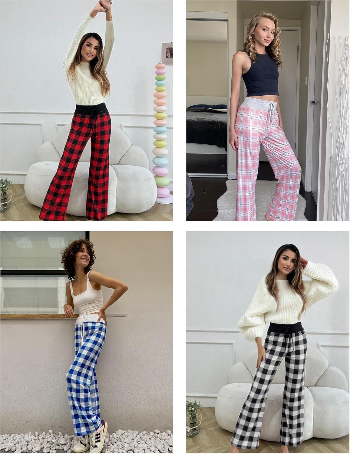 imageEkouaer Womens Pajama Pants Wide Leg Yoga Pants Lounge Drawstring Pants Comfy Stretch Plaid Pj BottomsRedblack Plaid