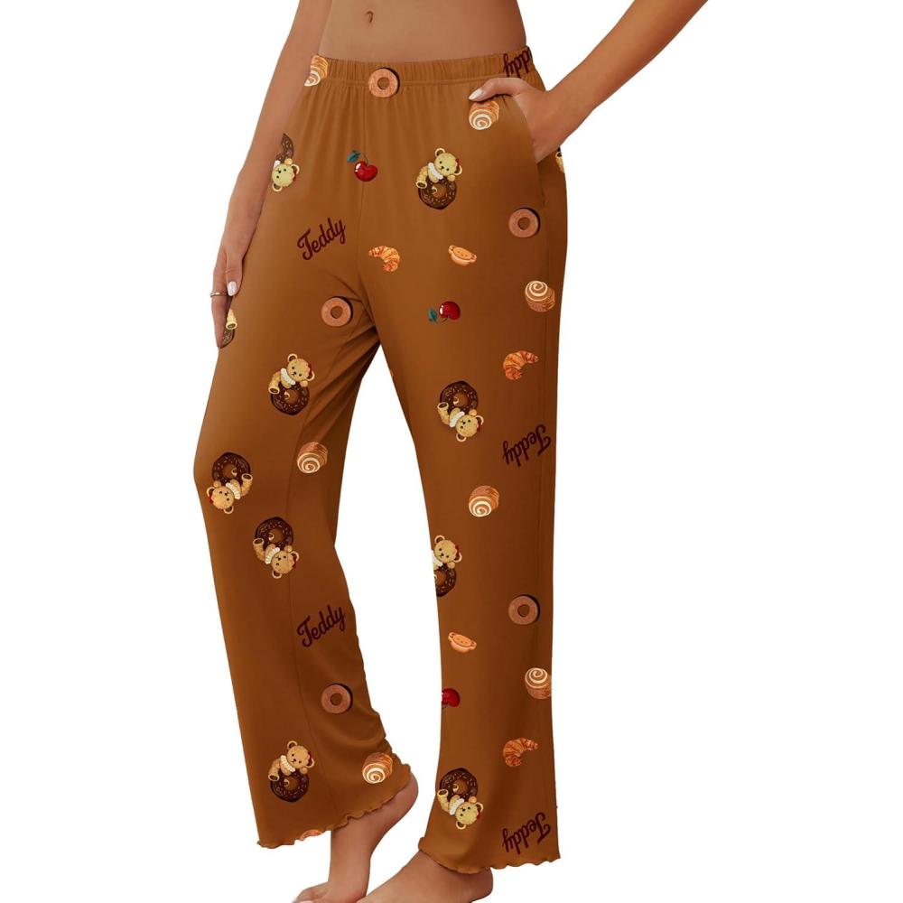 imageEkouaer Pajama Pants Women Soft Casual Lounge Pajama Bottoms Comfy Stretch Sleep Pants Wide Leg Pj Bottoms with PocketsBrown Teddy