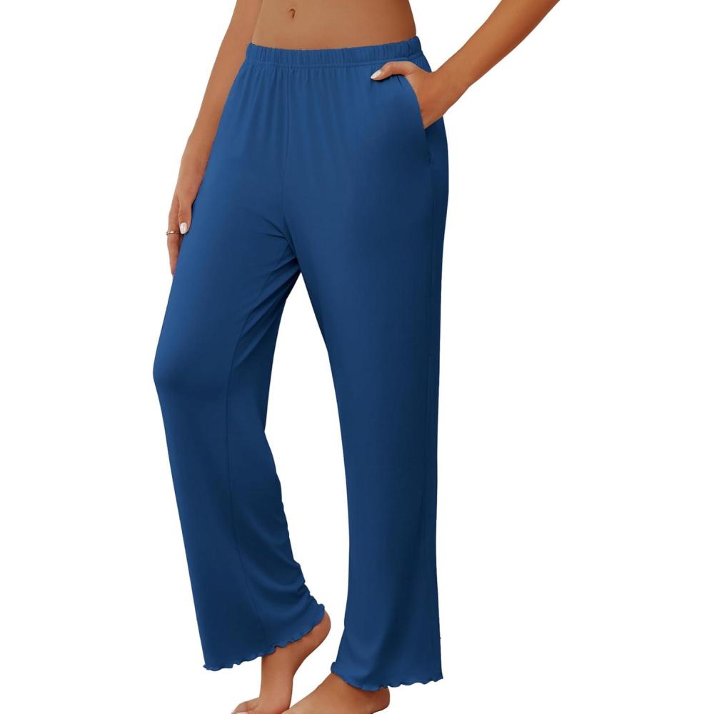 imageEkouaer Pajama Pants Women Soft Casual Lounge Pajama Bottoms Comfy Stretch Sleep Pants Wide Leg Pj Bottoms with PocketsNavy