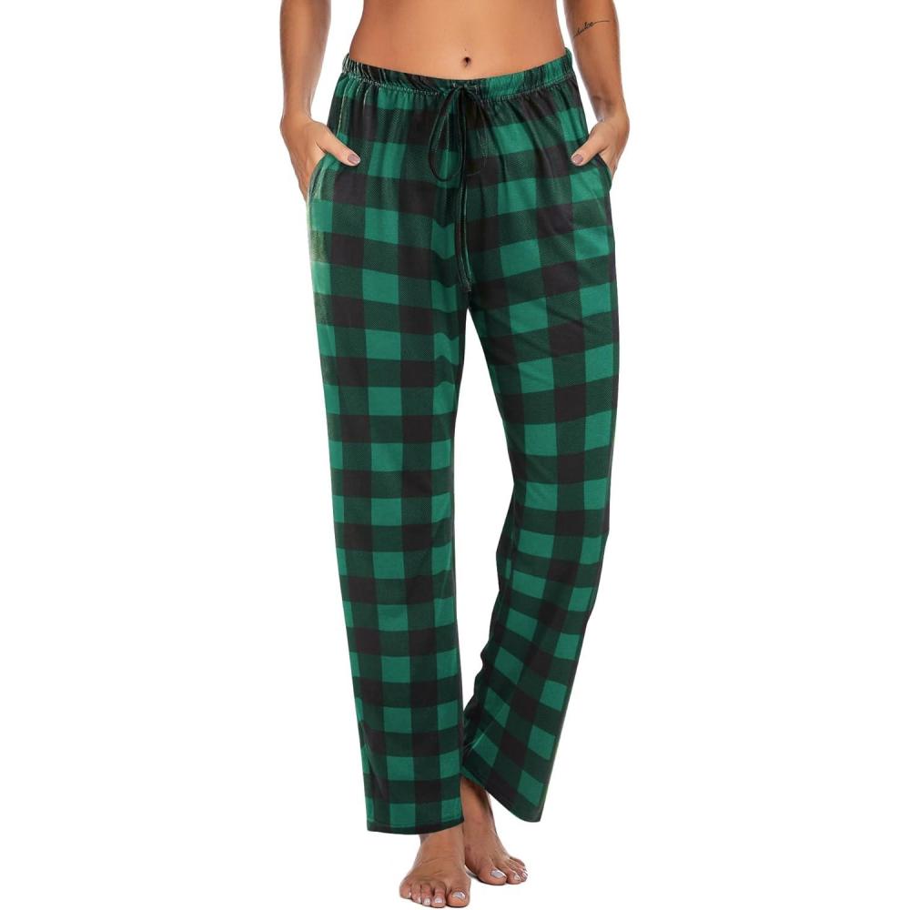 imageEkouaer Women Pajama Pants Comfy Pj Bottom with Pockets Stretch Plaid SleepwearClassic Black and Green Plaid