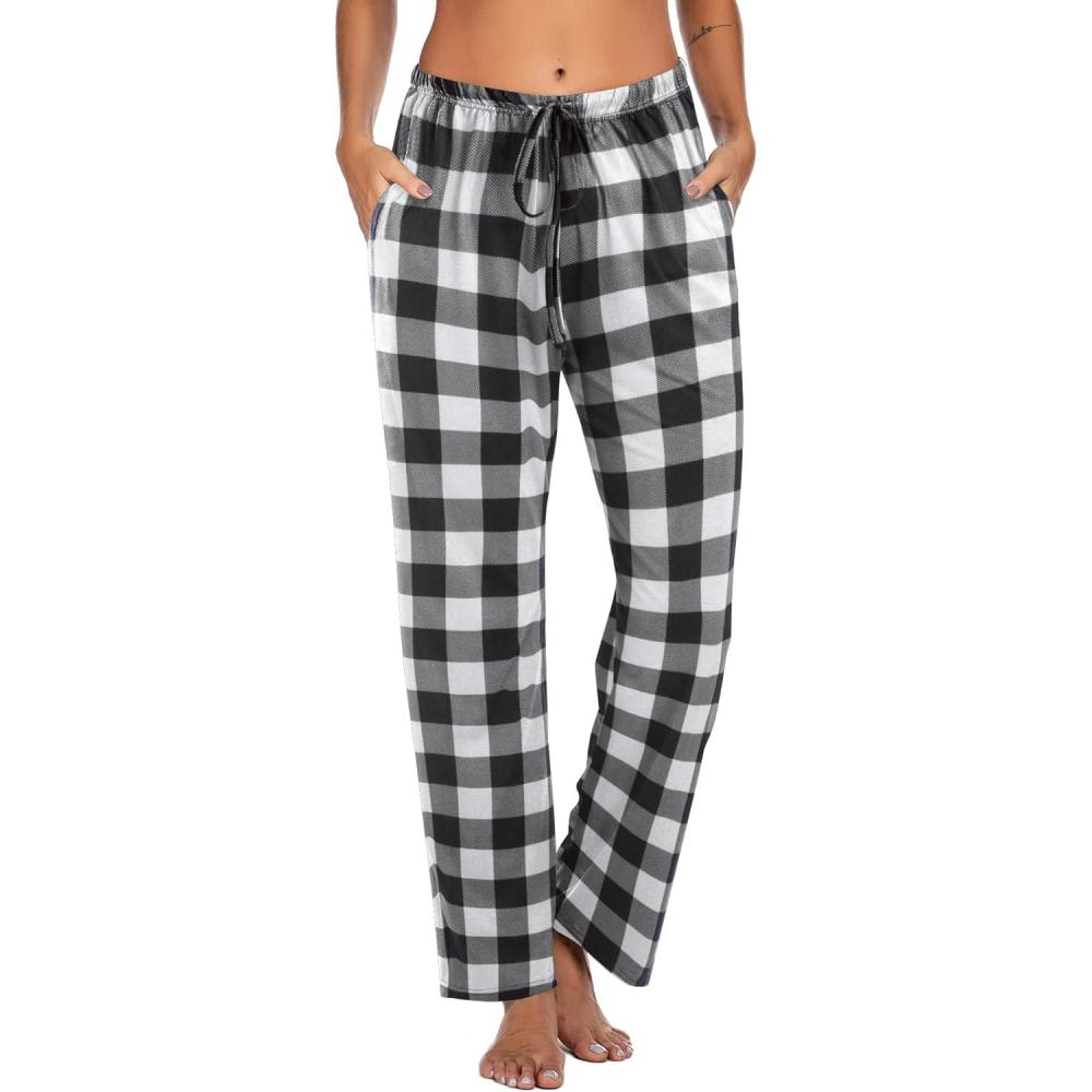 imageEkouaer Women Pajama Pants Comfy Pj Bottom with Pockets Stretch Plaid SleepwearClassic Black and White Plaid