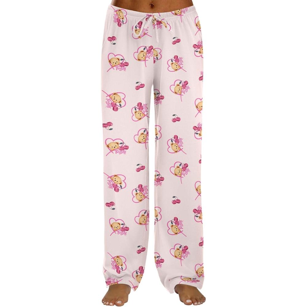 imageEkouaer Women Pajama Pants Comfy Pj Bottom with Pockets Stretch Plaid SleepwearLove Teddy Bear