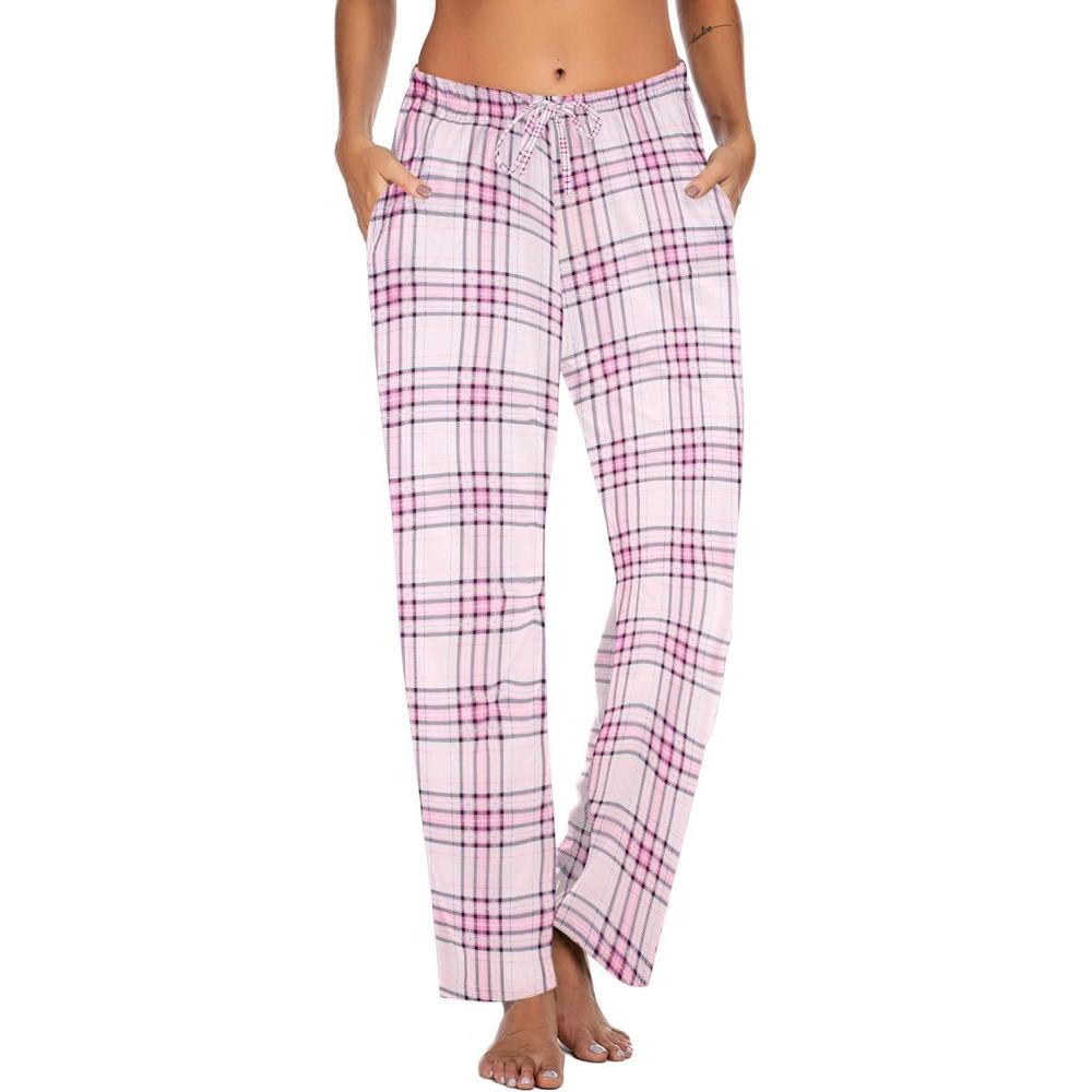 imageEkouaer Women Pajama Pants Comfy Pj Bottom with Pockets Stretch Plaid SleepwearPink and White Plaid