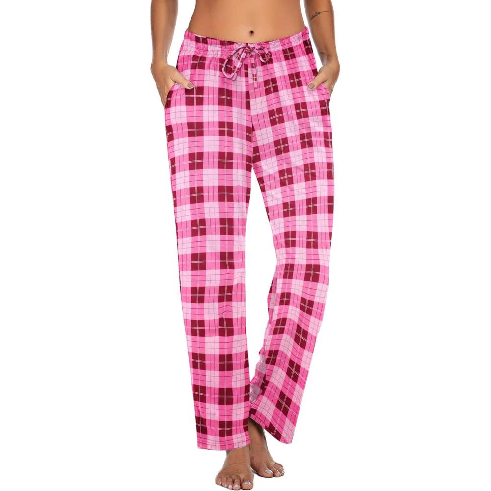 imageEkouaer Women Pajama Pants Comfy Pj Bottom with Pockets Stretch Plaid SleepwearRose Red and Black Plaid