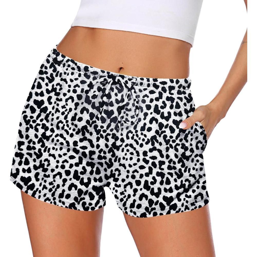 imageEkouaer Women Pajama Shorts Comfy Lounge Bottom with Pockets Stretch Strip Sleepwear Drawstring Pj Bottoms Sleep ShortsBlack White Leopard