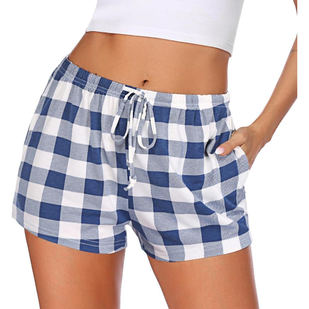imageEkouaer Women Pajama Shorts Comfy Lounge Bottom with Pockets Stretch Strip Sleepwear Drawstring Pj Bottoms Sleep ShortsBlue White Plaid