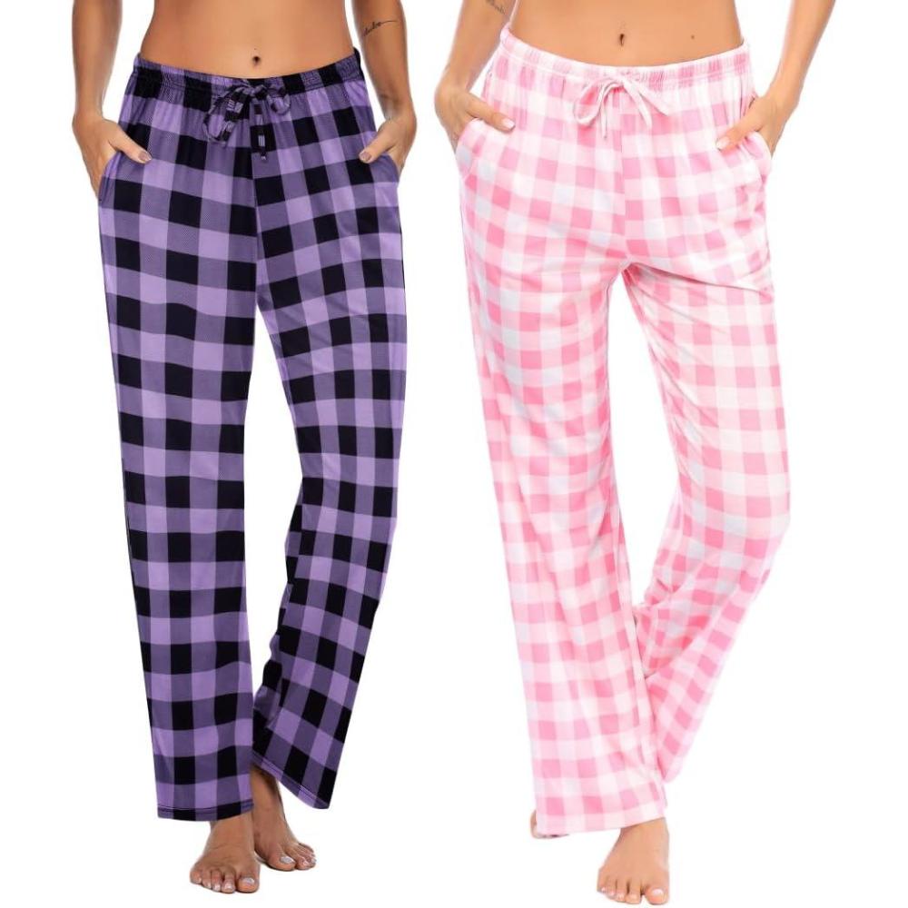 imageEkouaer Womens 2 Pack Lounge Pants Comfy Pajama Pants Plaid Pajama Bottoms with Pockets Drawstring Pj Bottoms Pants2 Packpinkpurple Plaid