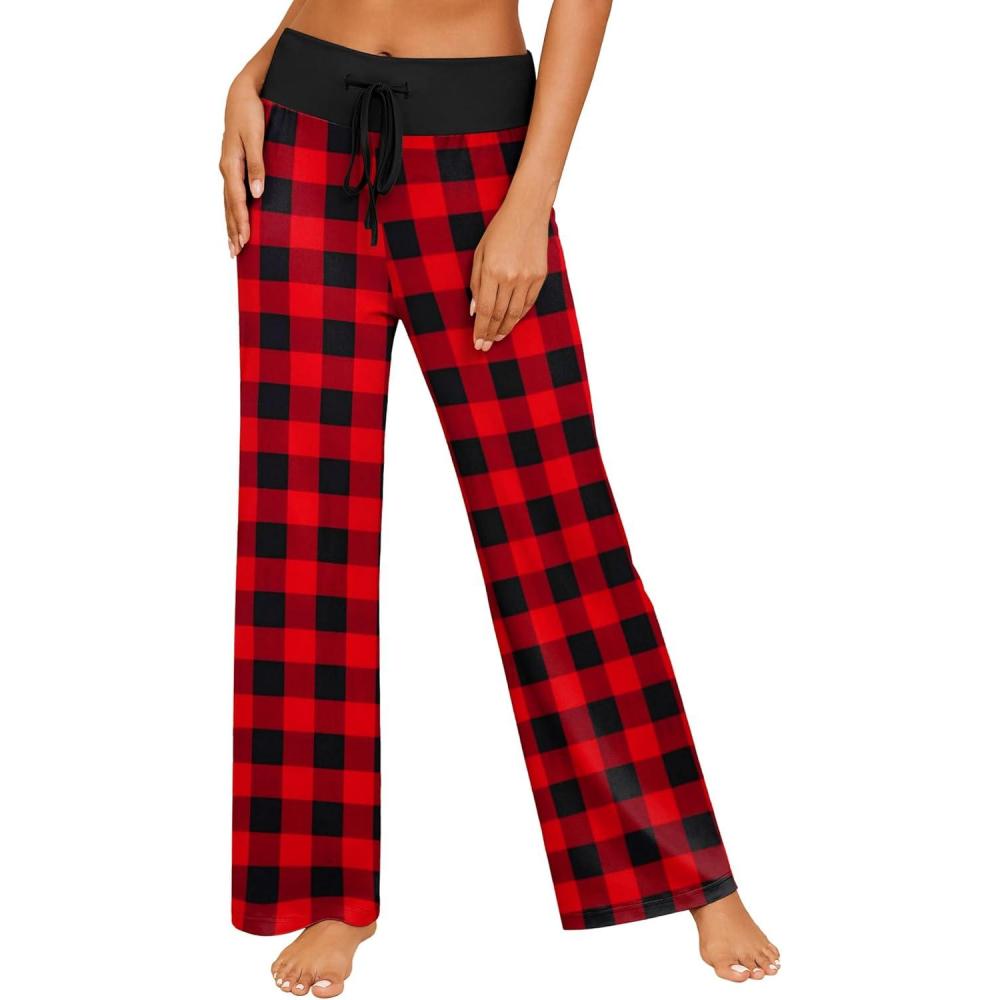 imageEkouaer Womens Pajama Pants Wide Leg Yoga Pants Lounge Drawstring Pants Comfy Stretch Plaid Pj BottomsRedblack Plaid