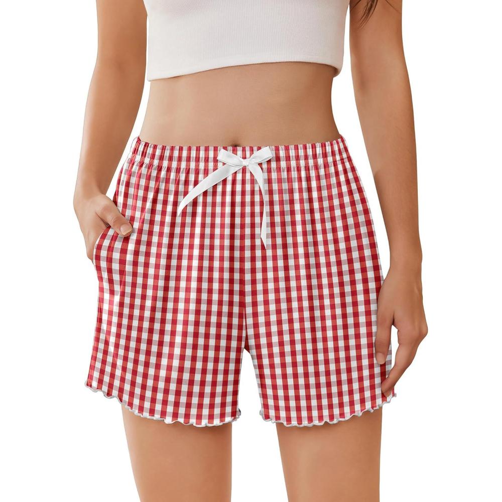 imageEkouaer Womens Pajama Shorts Soft Comfy Sleep Shorts Casual Elastic Waist Pj Short with PocketsRed White Plaid
