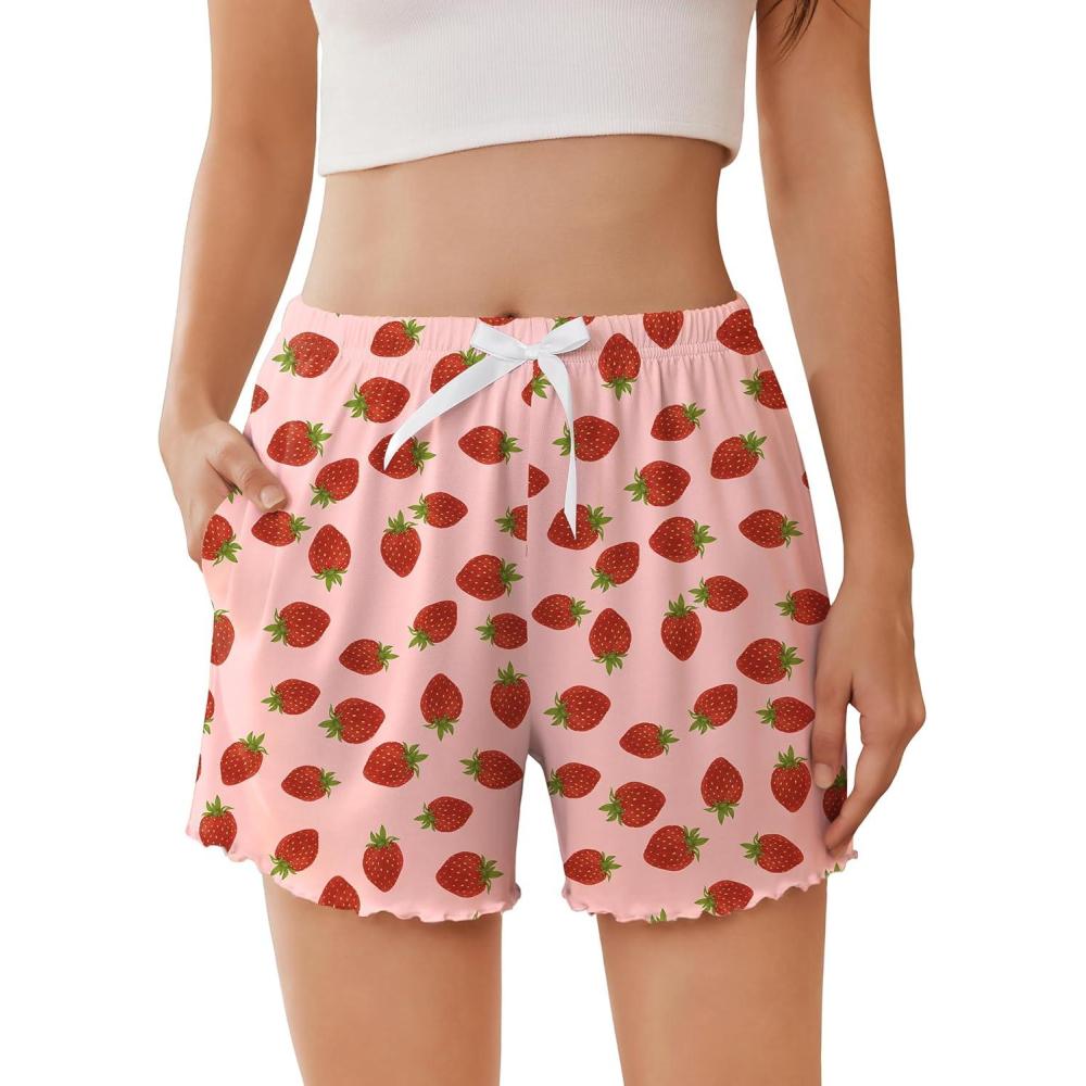 imageEkouaer Womens Pajama Shorts Soft Comfy Sleep Shorts Casual Elastic Waist Pj Short with PocketsStrawberry