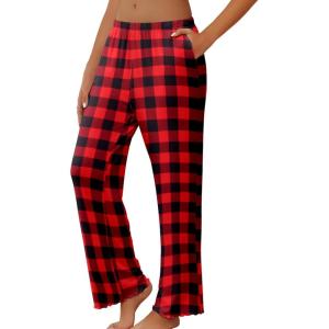 Ekouaer Pajama Pants Women Soft Casual Lounge Pajama Bottoms Comfy Stretch Sleep Pants Wide Leg Pj Bottoms with Pockets(Black Red Plaid)