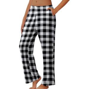Ekouaer Pajama Pants Women Soft Casual Lounge Pajama Bottoms Comfy Stretch Sleep Pants Wide Leg Pj Bottoms with Pockets(Black White Plaid)