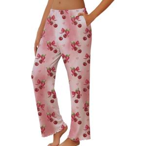 Ekouaer Pajama Pants Women Soft Casual Lounge Pajama Bottoms Comfy Stretch Sleep Pants Wide Leg Pj Bottoms with Pockets(Red Cherry)