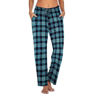 Ekouaer Women Pajama Pants Comfy Pj Bottom with Pockets Stretch Plaid Sleepwear(Black and Peacock Blue Plaid)