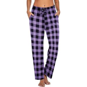 Ekouaer Women Pajama Pants Comfy Pj Bottom with Pockets Stretch Plaid Sleepwear(Black and Purple Plaid)