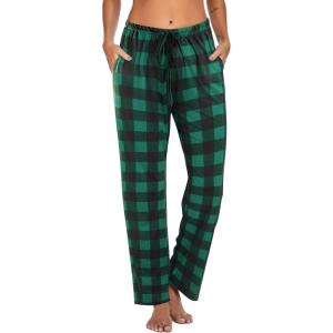 Ekouaer Women Pajama Pants Comfy Pj Bottom with Pockets Stretch Plaid Sleepwear(Classic Black and Green Plaid)