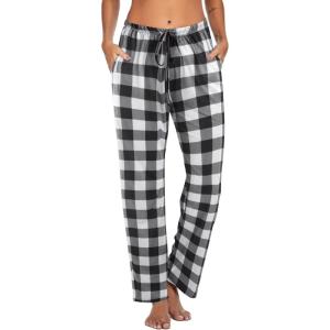 Ekouaer Women Pajama Pants Comfy Pj Bottom with Pockets Stretch Plaid Sleepwear(Classic Black and White Plaid)
