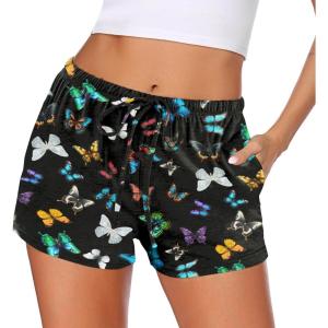 Ekouaer Women Pajama Shorts Comfy Lounge Bottom with Pockets Stretch Strip Sleepwear Drawstring Pj Bottoms Sleep Shorts(Black Butterfly)
