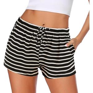 Ekouaer Women Pajama Shorts Comfy Lounge Bottom with Pockets Stretch Strip Sleepwear Drawstring Pj Bottoms Sleep Shorts(Black Strip)