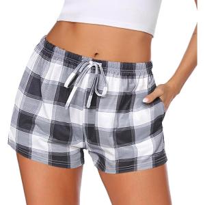 Ekouaer Women Pajama Shorts Comfy Lounge Bottom with Pockets Stretch Strip Sleepwear Drawstring Pj Bottoms Sleep Shorts(Black White Plaid)