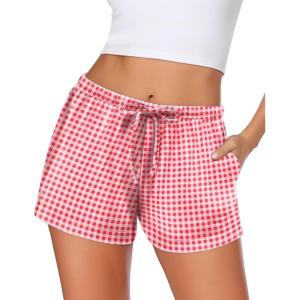 Ekouaer Women Pajama Shorts Comfy Lounge Bottom with Pockets Stretch Strip Sleepwear Drawstring Pj Bottoms Sleep Shorts(Small Red White Plaid)