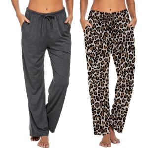 Ekouaer Womens 2 Pack Lounge Pants Comfy Pajama Pants Plaid Pajama Bottoms with Pockets Drawstring Pj Bottoms Pants(2 Pack-leopard_grey)