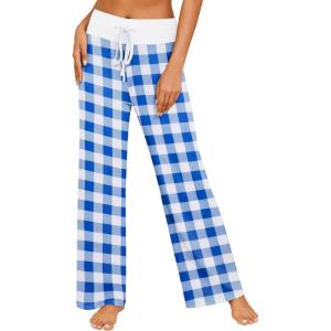 Ekouaer Women’s Pajama Pants Wide Leg Yoga Pants Lounge Drawstring Pants Comfy Stretch Plaid Pj Bottoms(Blue-white Plaid)