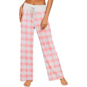 Ekouaer Women’s Pajama Pants Wide Leg Yoga Pants Lounge Drawstring Pants Comfy Stretch Plaid Pj Bottoms(Pink-white Plaid)