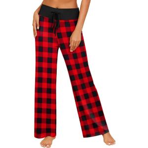 Ekouaer Women’s Pajama Pants Wide Leg Yoga Pants Lounge Drawstring Pants Comfy Stretch Plaid Pj Bottoms(Red-black Plaid)