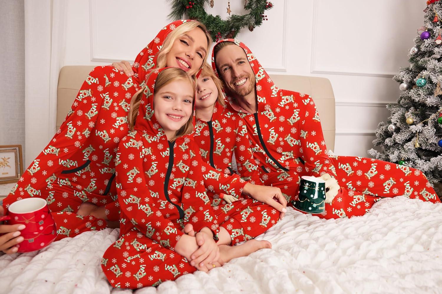 imageEkouaer Christmas Matching Family Onesie Pajamas Hoodie One Piece Pajamas Zipper Thermal Sleepwear with Pockets Family Red Elk Print 56Y
