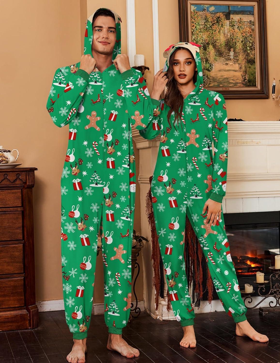 imageEkouaer Christmas Matching Onesie for Couples Elk Antler Hooded Zipper Long Sleeve Pajamas with Pockets SXXLChristmas Gift Green