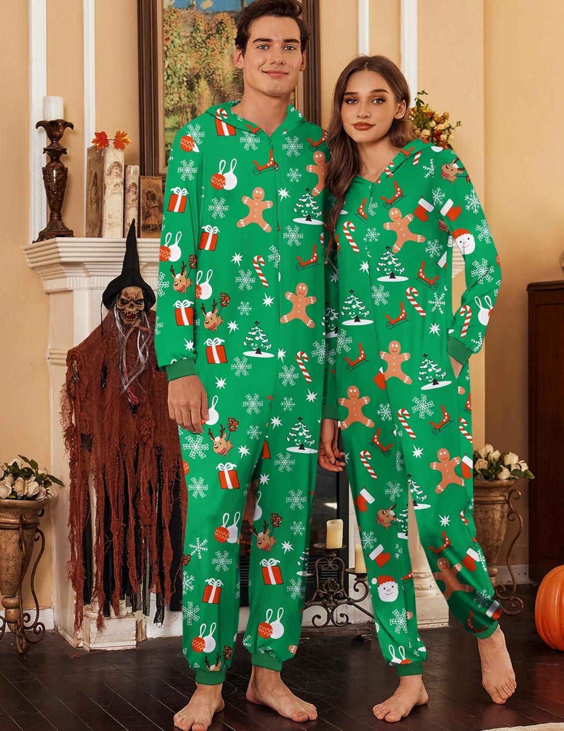 imageEkouaer Christmas Matching Onesie for Couples Elk Antler Hooded Zipper Long Sleeve Pajamas with Pockets SXXLChristmas Gift Green