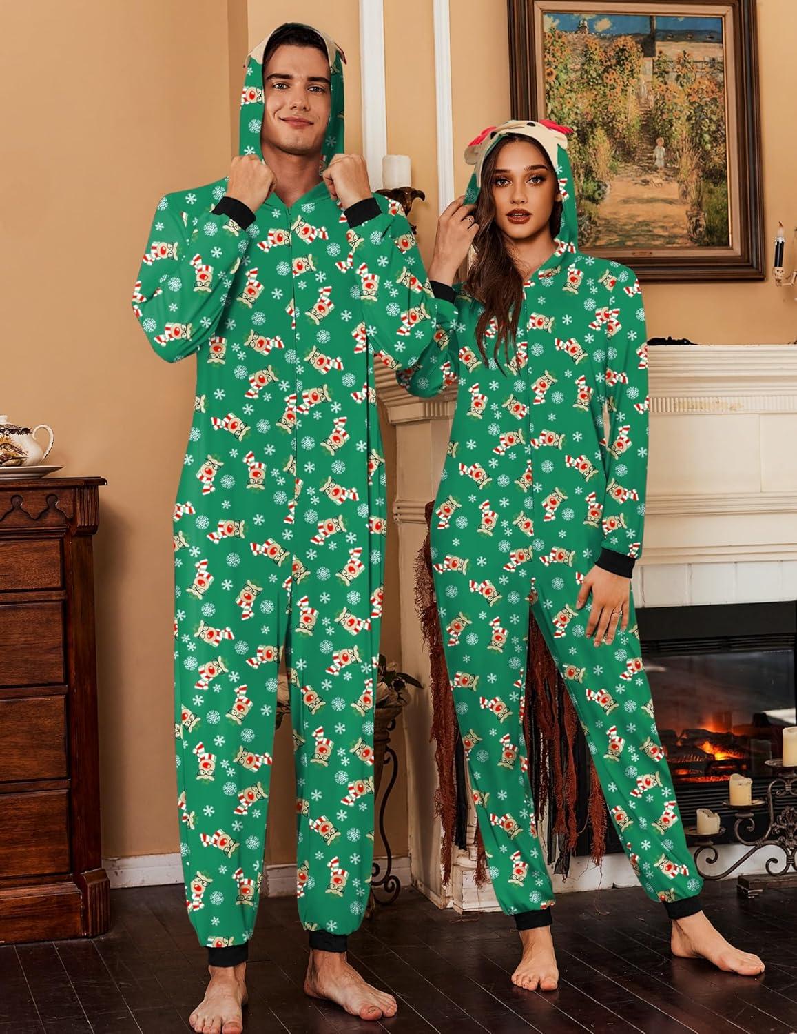 imageEkouaer Christmas Matching Onesie for Couples Elk Antler Hooded Zipper Long Sleeve Pajamas with Pockets SXXLReindeer Green