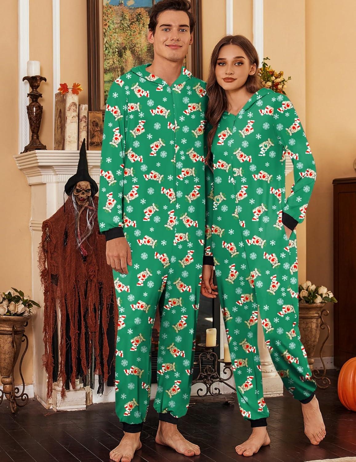 imageEkouaer Christmas Matching Onesie for Couples Elk Antler Hooded Zipper Long Sleeve Pajamas with Pockets SXXLReindeer Green