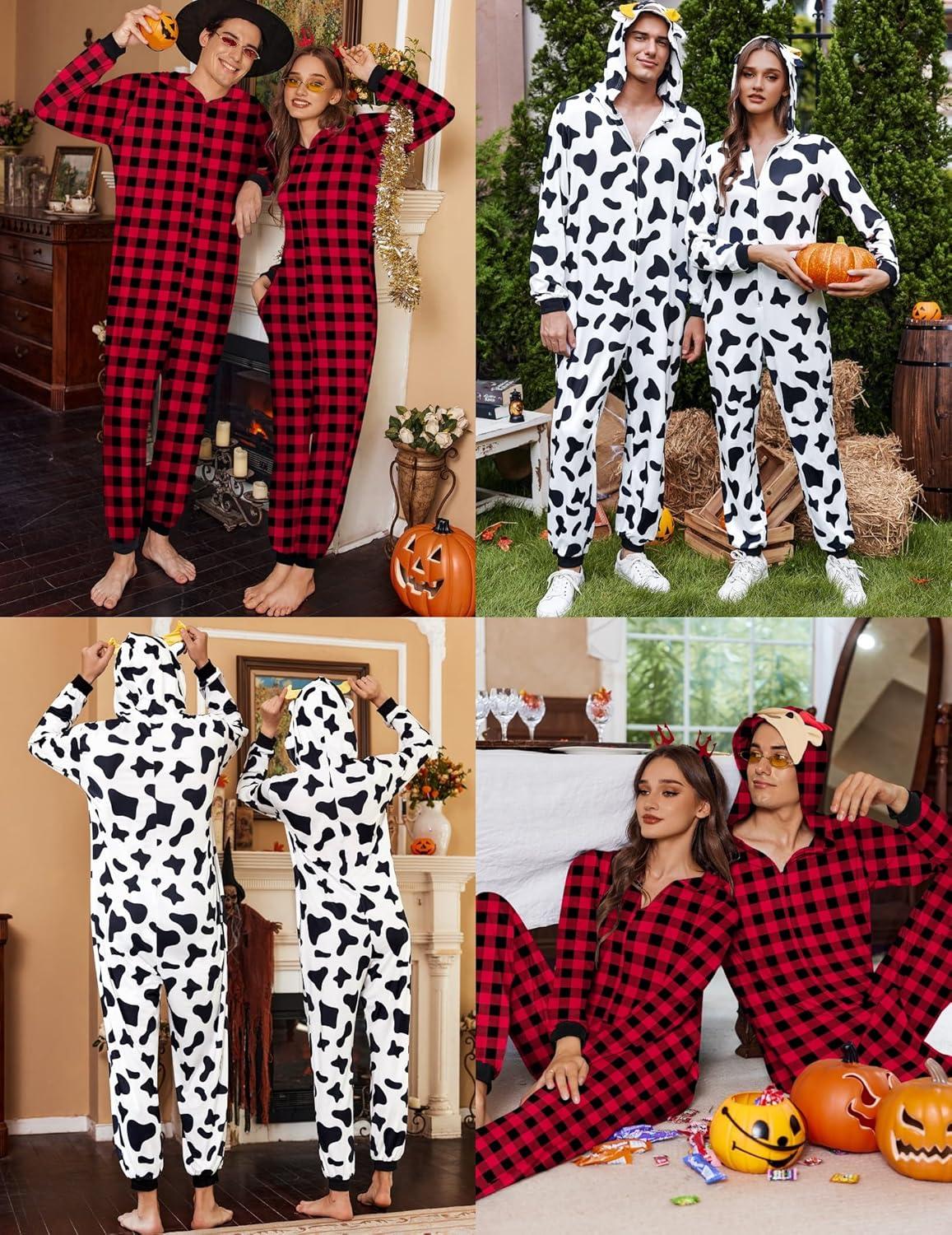 imageEkouaer Christmas Matching Onesie for Couples Elk Antler Hooded Zipper Long Sleeve Pajamas with Pockets SXXLReindeer Red