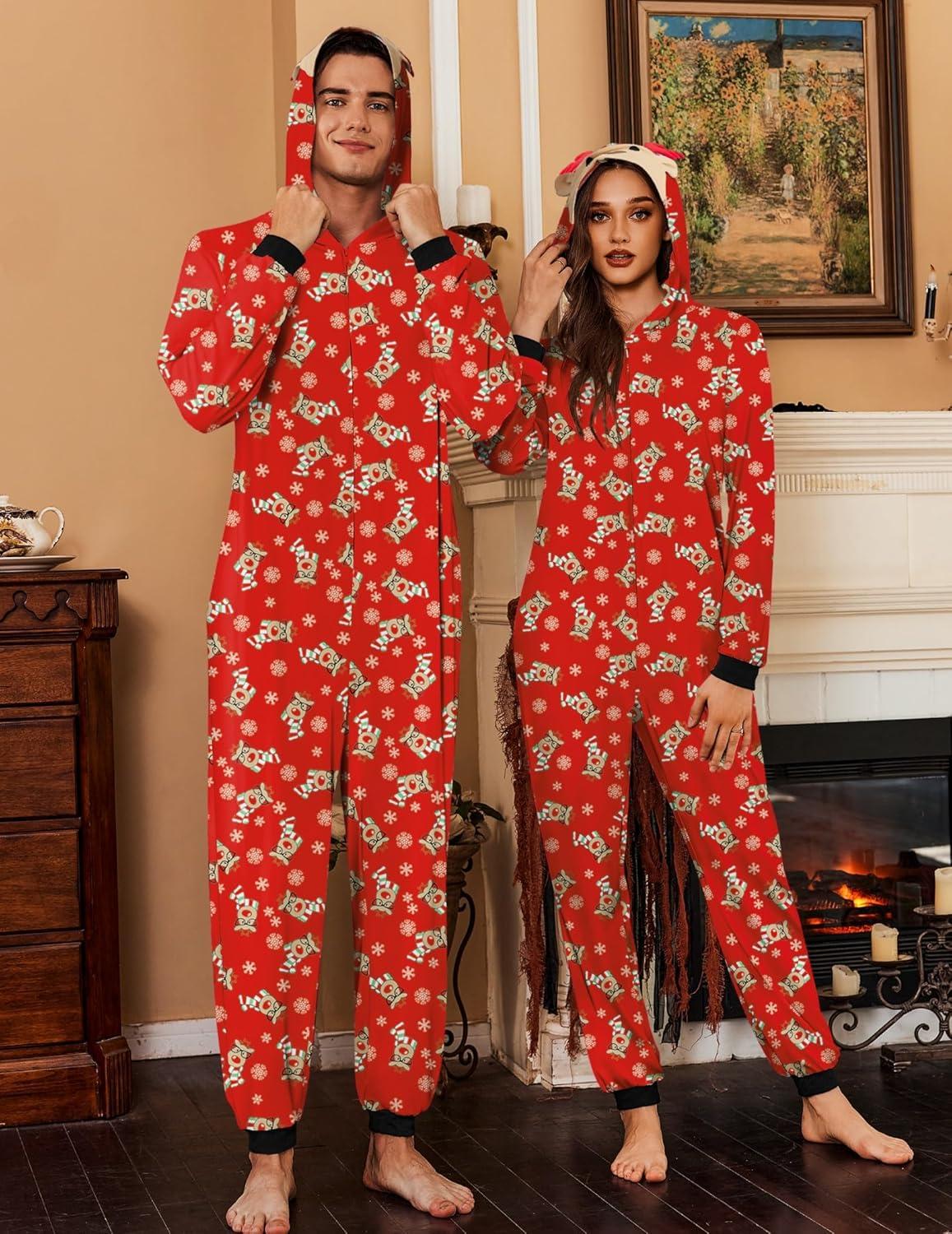 imageEkouaer Christmas Matching Onesie for Couples Elk Antler Hooded Zipper Long Sleeve Pajamas with Pockets SXXLReindeer Red