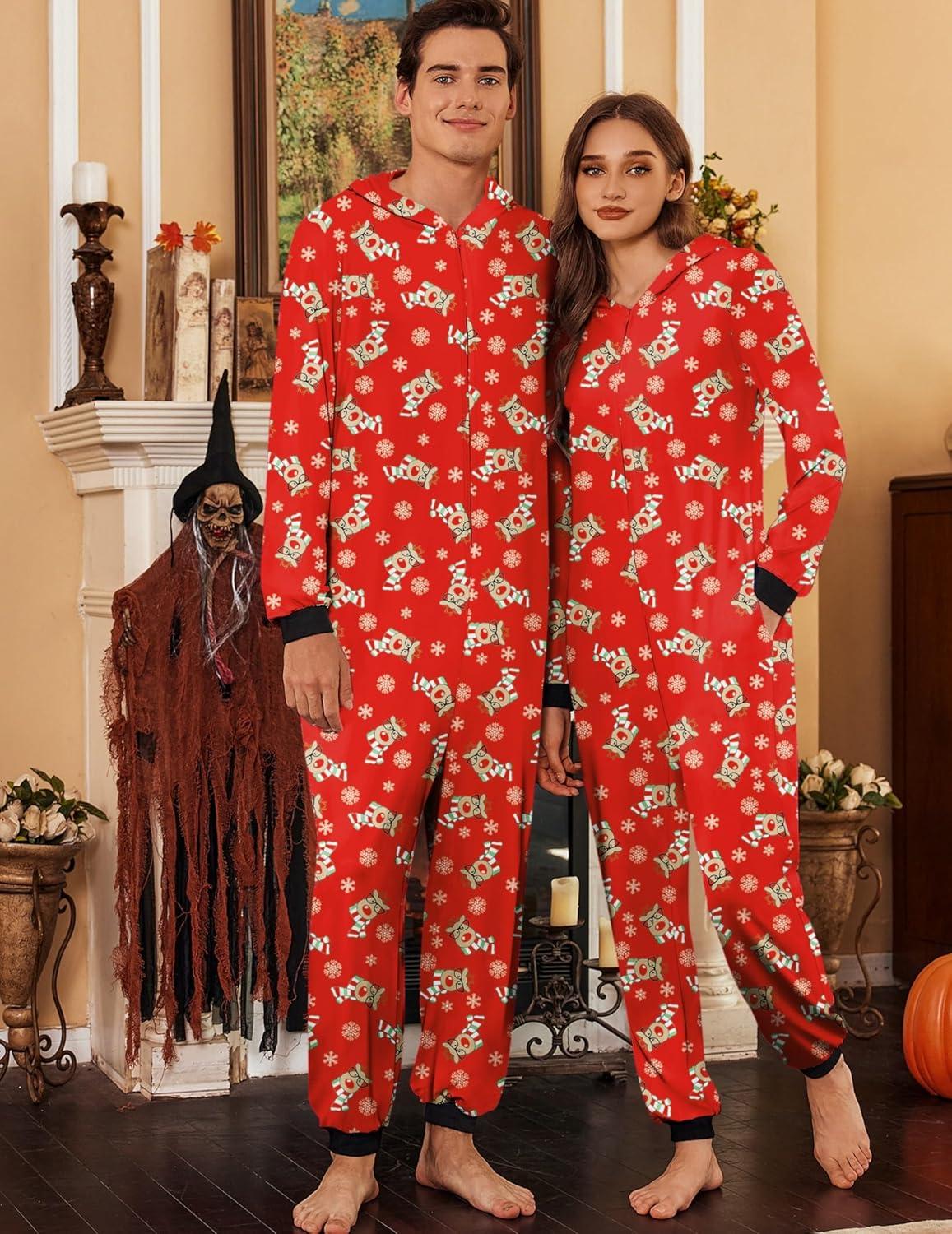 imageEkouaer Christmas Matching Onesie for Couples Elk Antler Hooded Zipper Long Sleeve Pajamas with Pockets SXXLReindeer Red